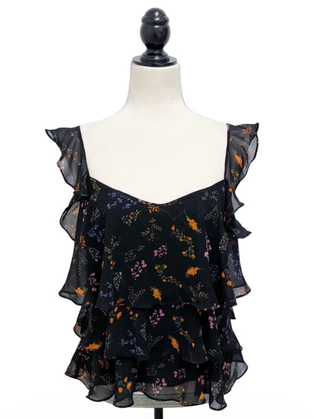 Rebecca Minkoff Black Floral Sheer Overlay Tiered Tie Back Spaghetti Strap Top M